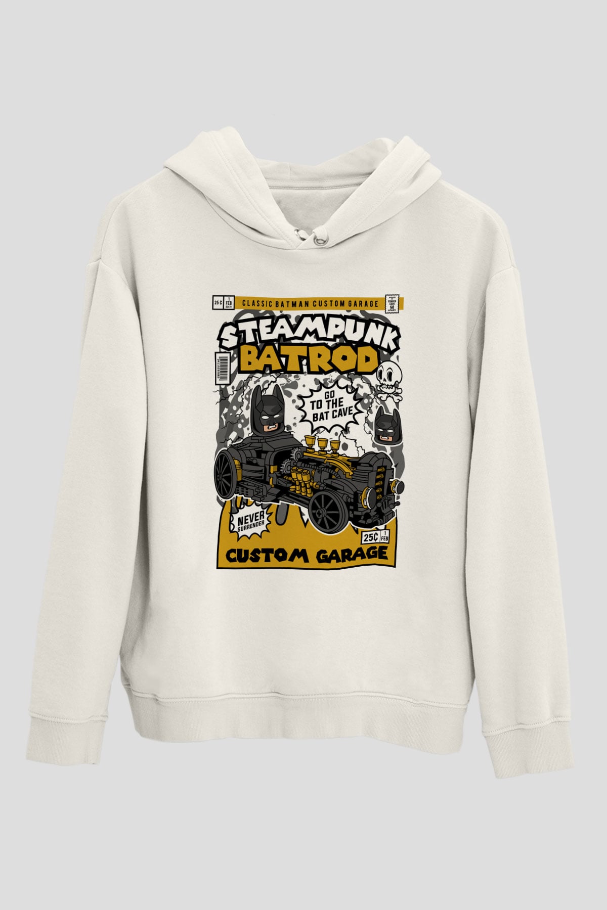 Steampunk BatRod Baskılı Unisex Beyaz Hoodie