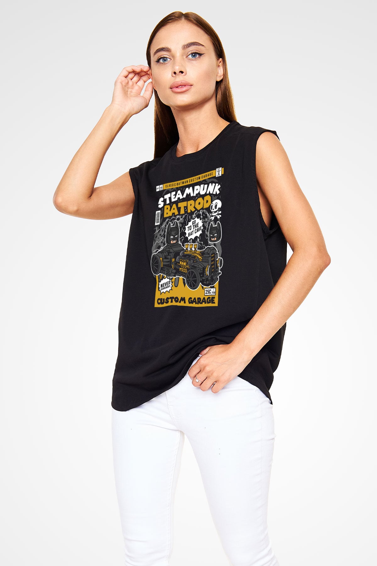 Steampunk BatRod Baskılı Unisex Siyah Kolsuz Tişört