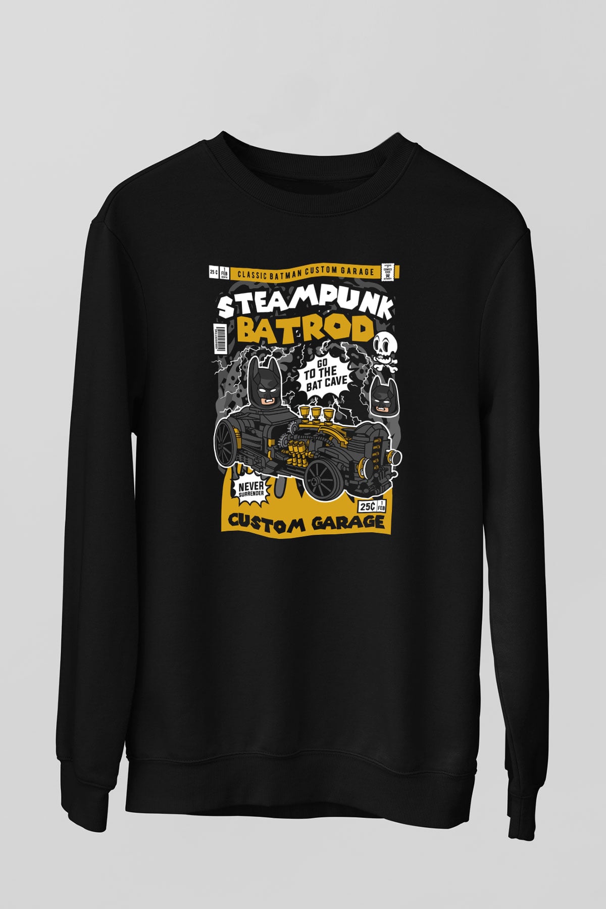 Steampunk BatRod Baskılı Unisex Siyah Sweatshirt