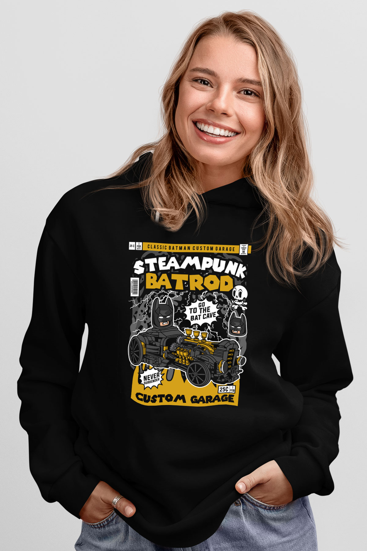 Steampunk BatRod Baskılı Unisex Siyah Hoodie