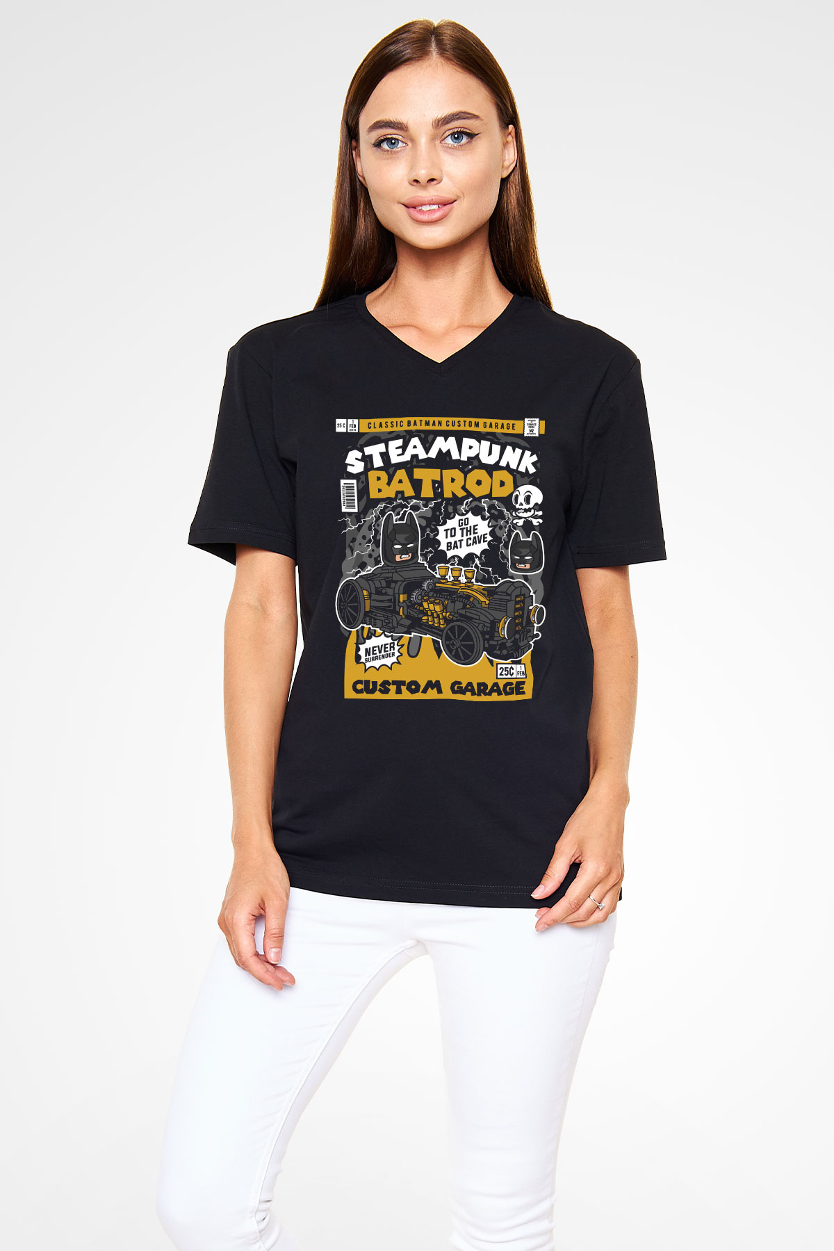 Steampunk BatRod Baskılı Unisex Siyah V Yaka Tişört