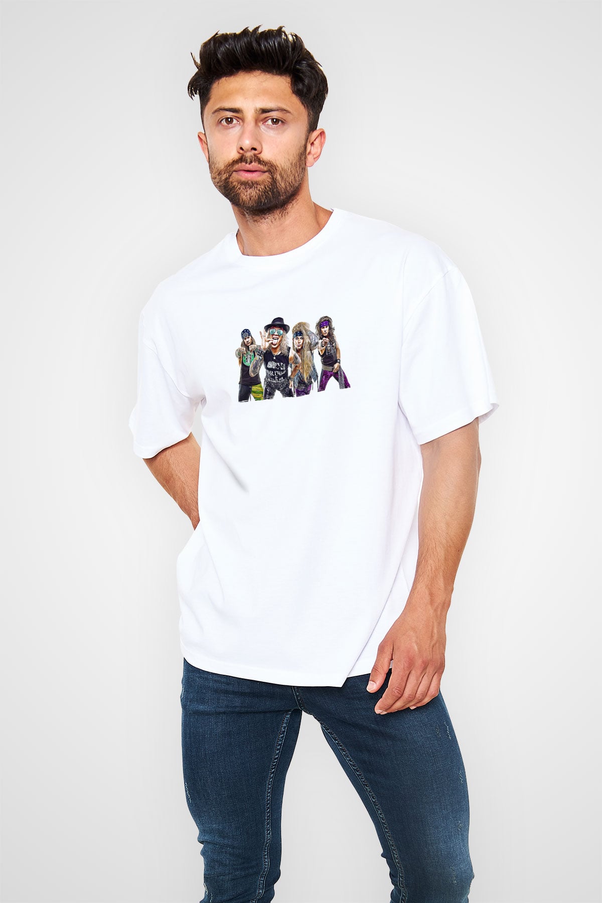Steel Panther Baskılı Beyaz Unisex Oversize Tişört - Tshirt