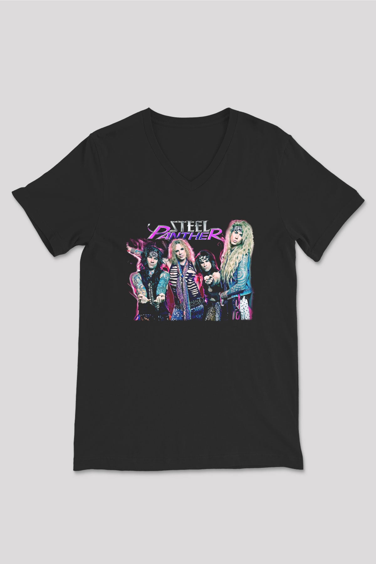 Steel Panther Baskılı Unisex Siyah V Yaka Tişört - Tshirt