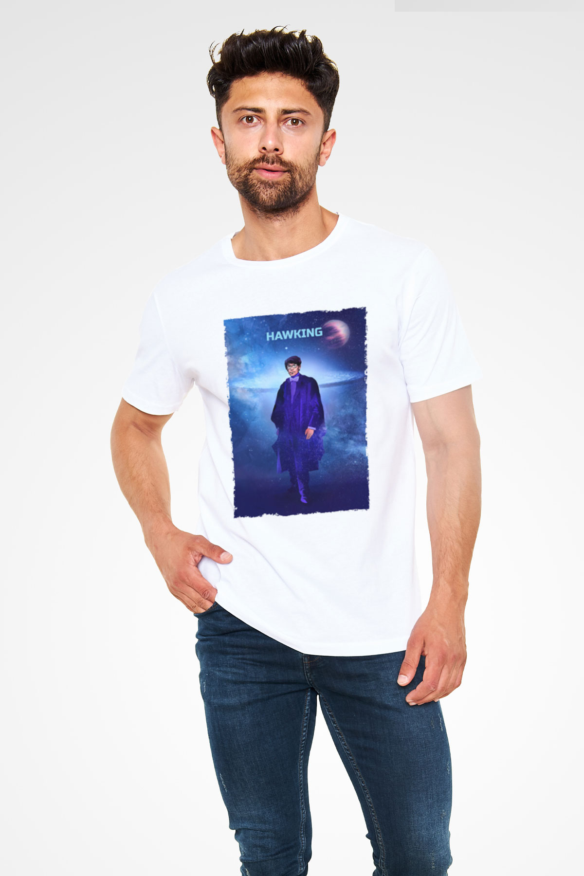 Stephen Hawking Baskılı Unisex Beyaz Tişört - Tshirt