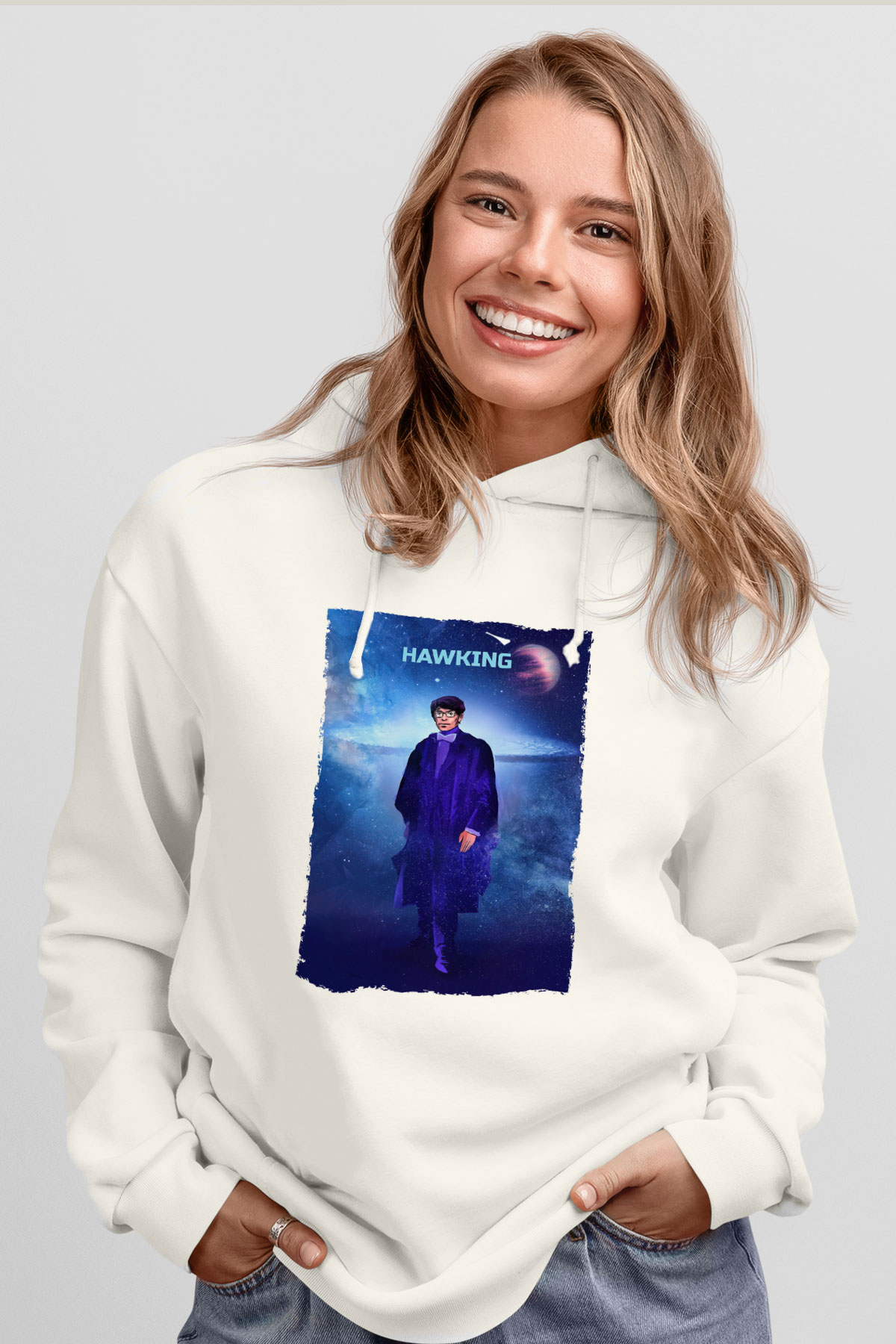 Stephen Hawking Baskılı Unisex Ekru Hoodie