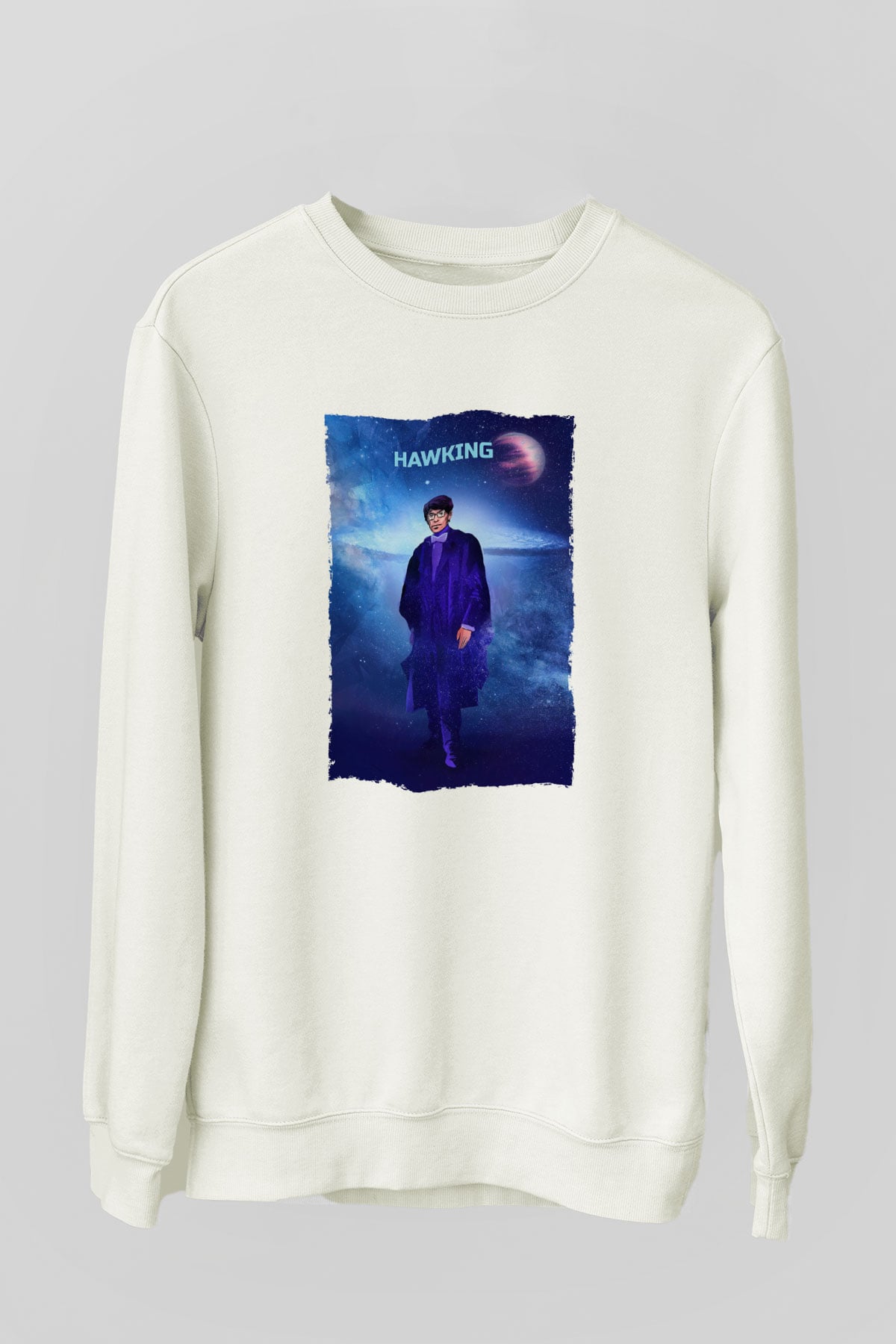 Stephen Hawking Baskılı Unisex Ekru Sweatshirt
