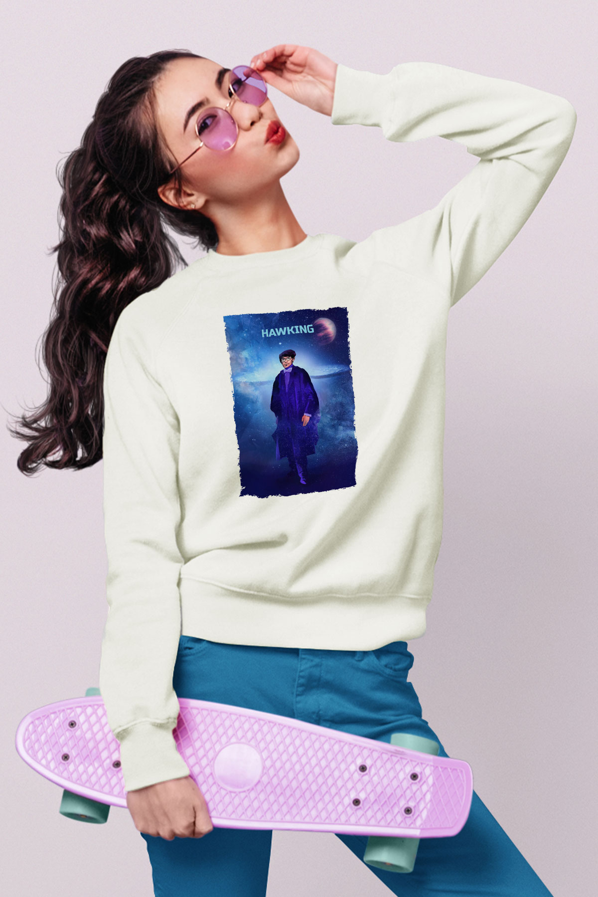 Stephen Hawking Baskılı Unisex Ekru Sweatshirt