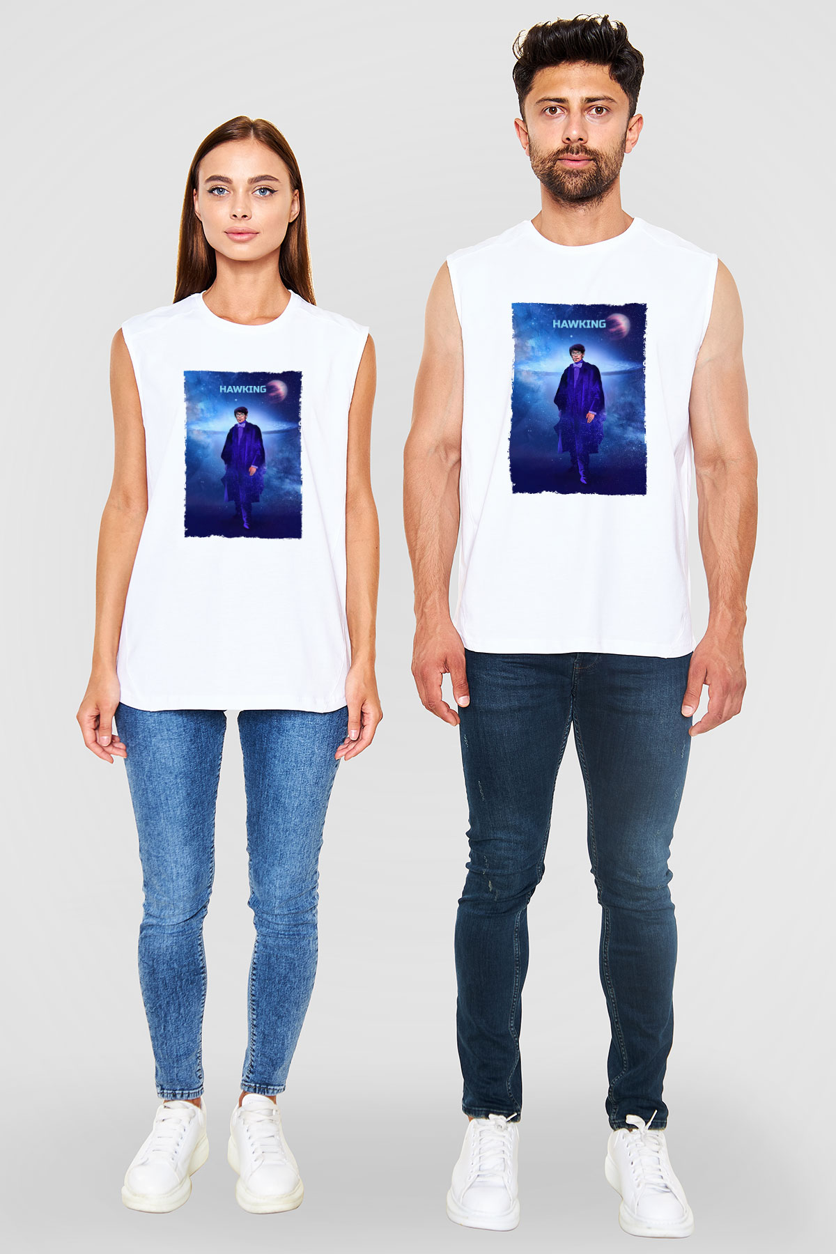 Stephen Hawking Baskılı Unisex Kolsuz Beyaz Tişört - Tshirt