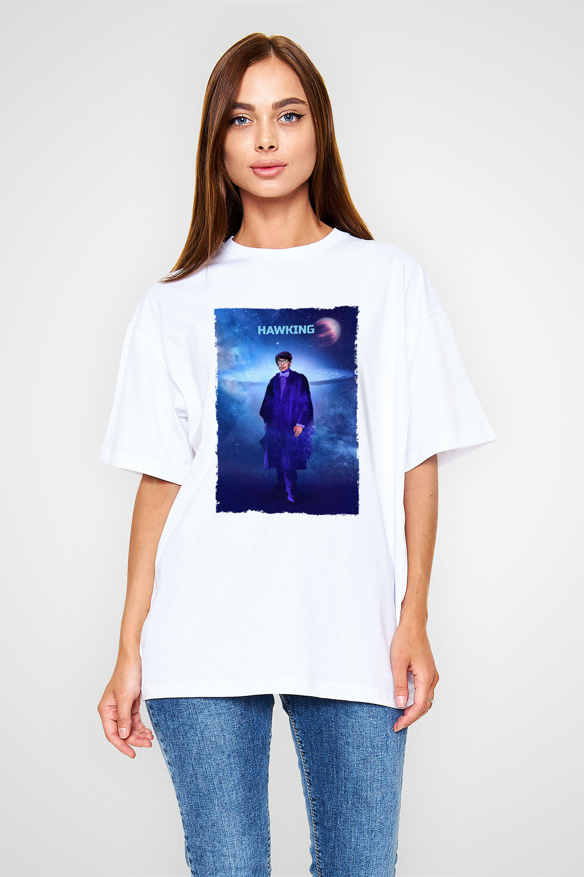 Stephen Hawking Baskılı Unisex Oversize Beyaz Tişört - Tshirt