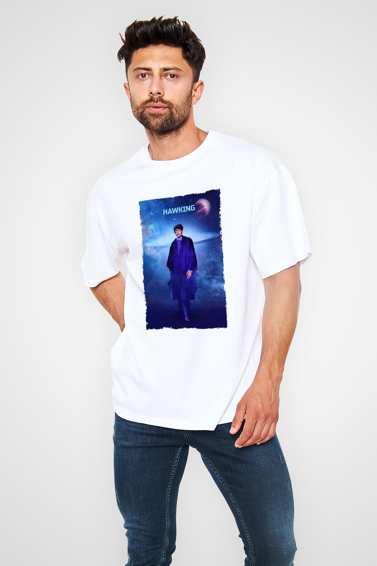 Stephen Hawking Baskılı Unisex Oversize Beyaz Tişört - Tshirt