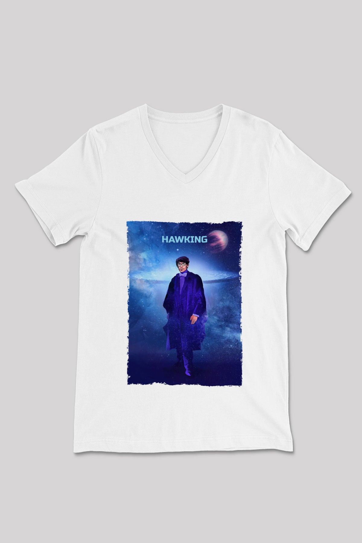 Stephen Hawking Baskılı Unisex V Yaka Beyaz Tişört - Tshirt