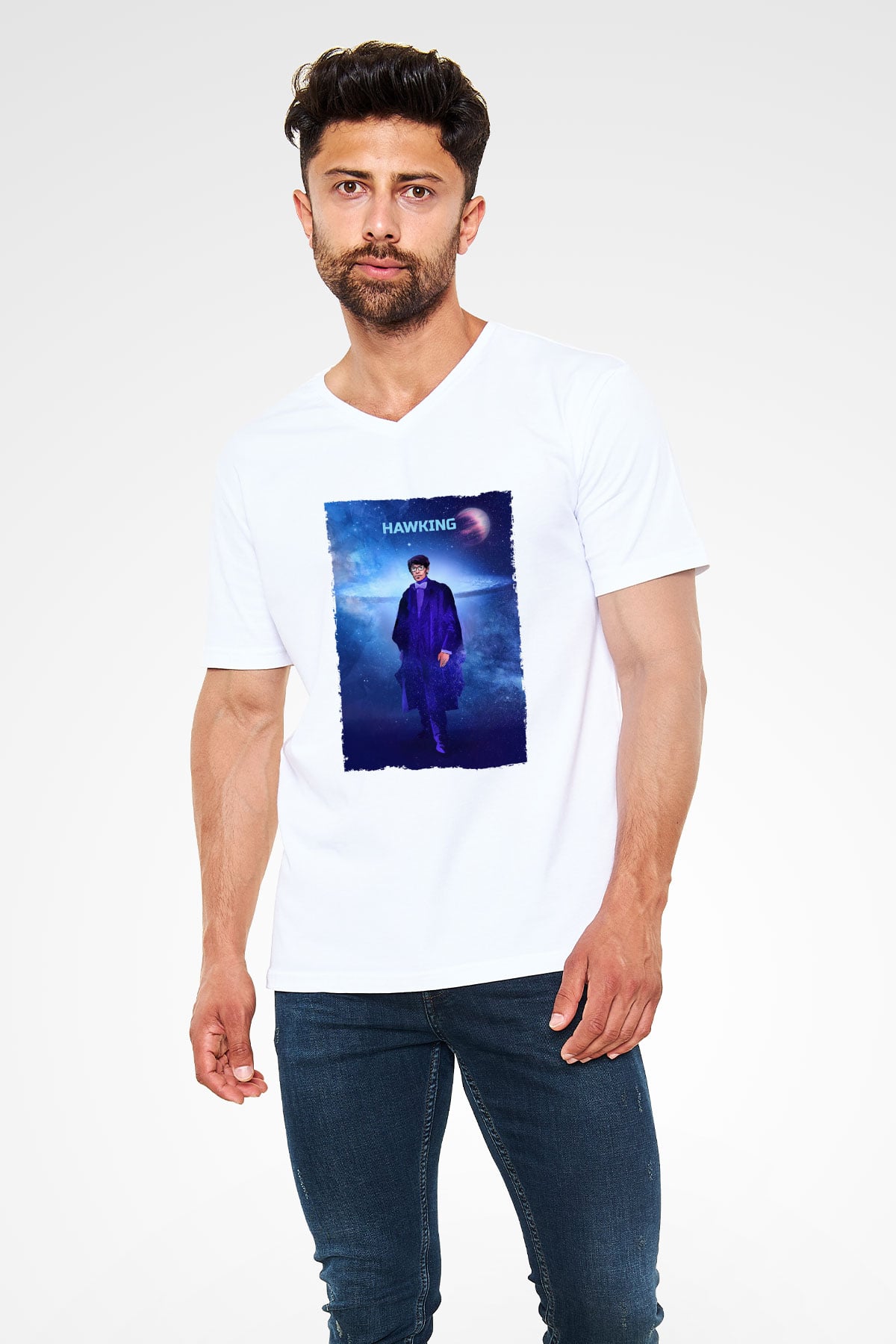 Stephen Hawking Baskılı Unisex V Yaka Beyaz Tişört - Tshirt