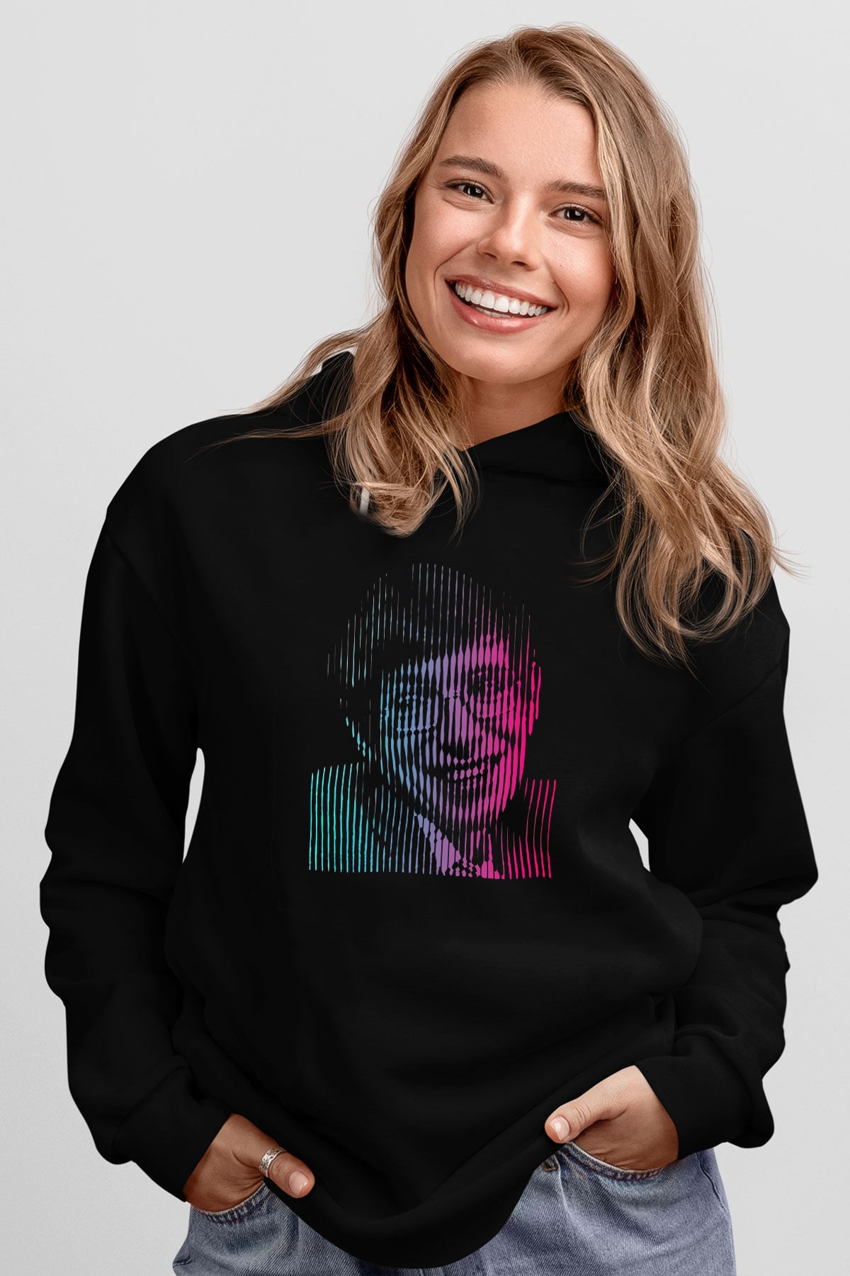 Stephen Hawking Renkli Portre Baskılı Unisex Siyah Kapüşonlu Sweatshirt