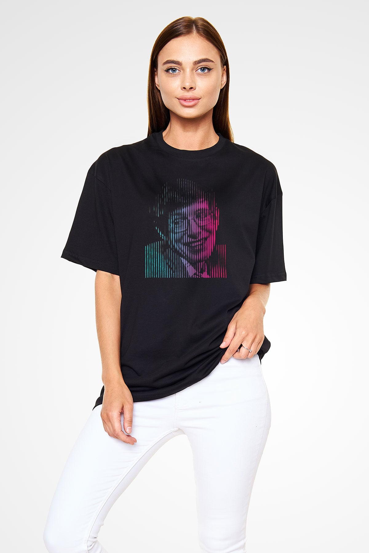 Stephen Hawking Renkli Portre Baskılı Unisex Oversize Tişört - Tshirt
