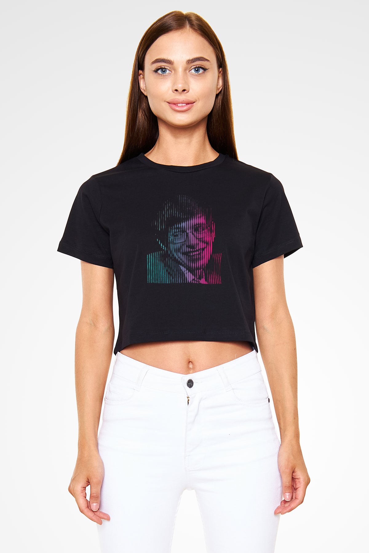Stephen Hawking Renkli Portre Baskılı Crop Top Kadın Tİşört - Tshirt