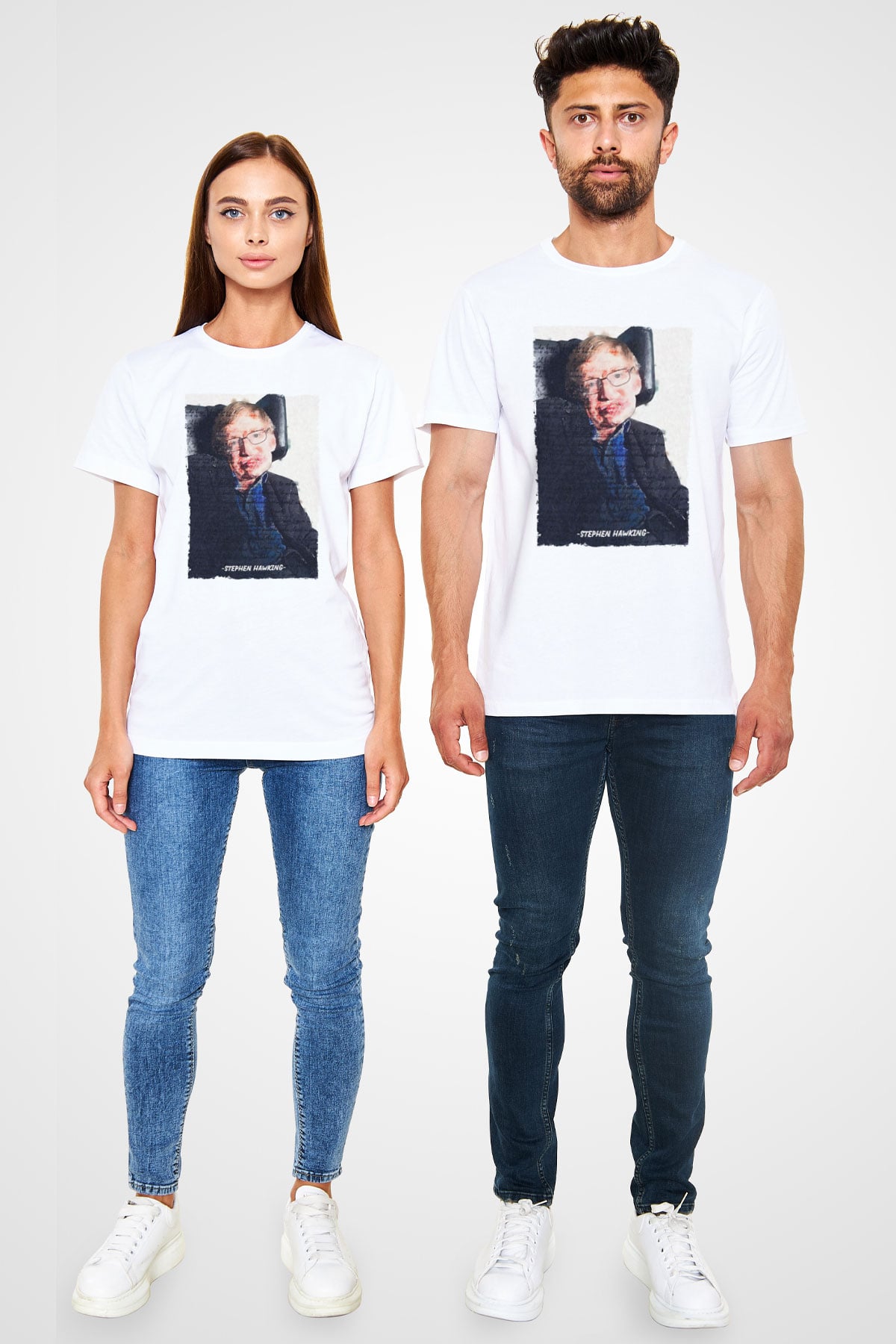 Stephen Hawking Yazılı Portre Baskılı Unisex Beyaz Tişört - Tshirt