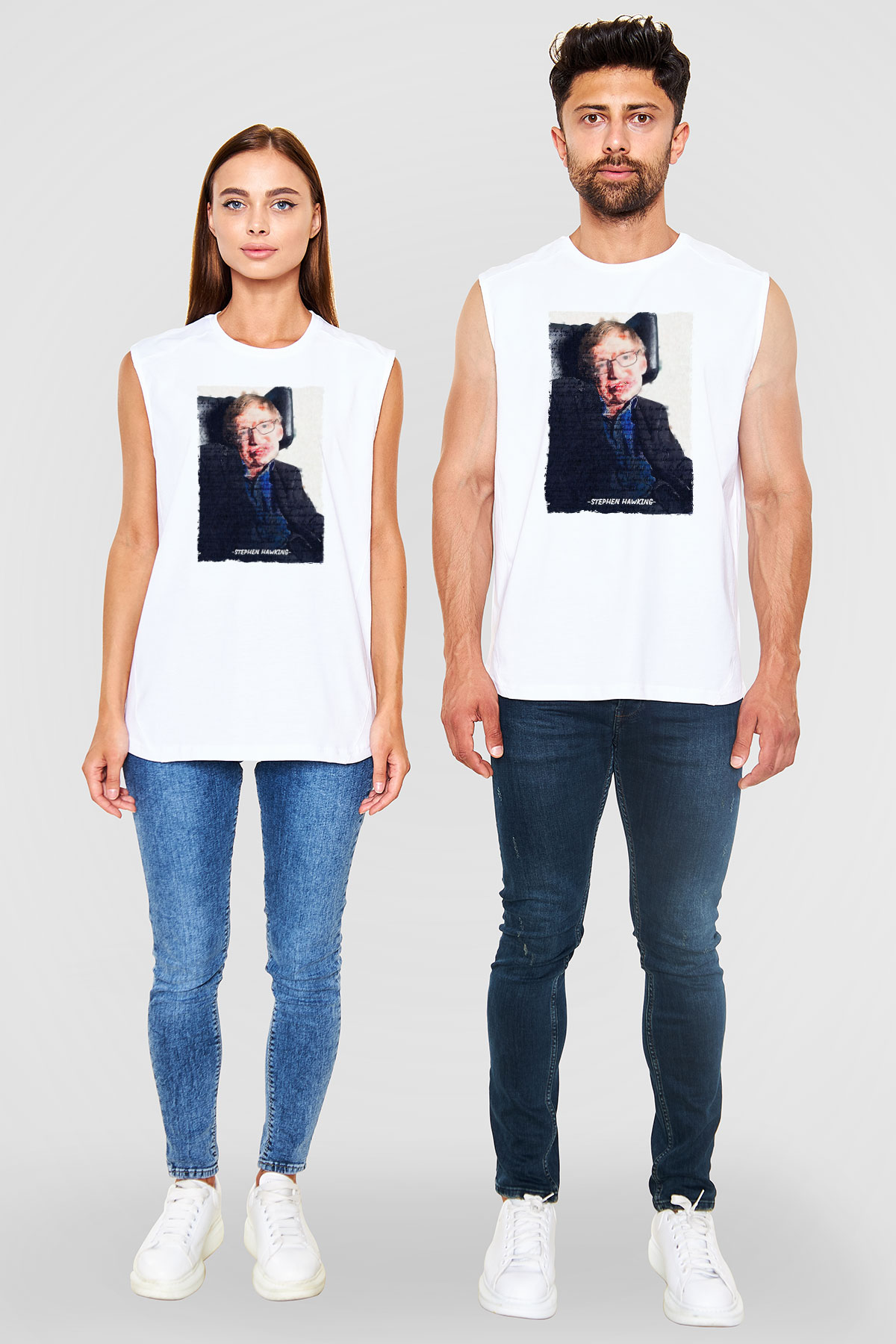 Stephen Hawking Yazılı Portre Baskılı Unisex Kolsuz Beyaz Tişört - Tshirt