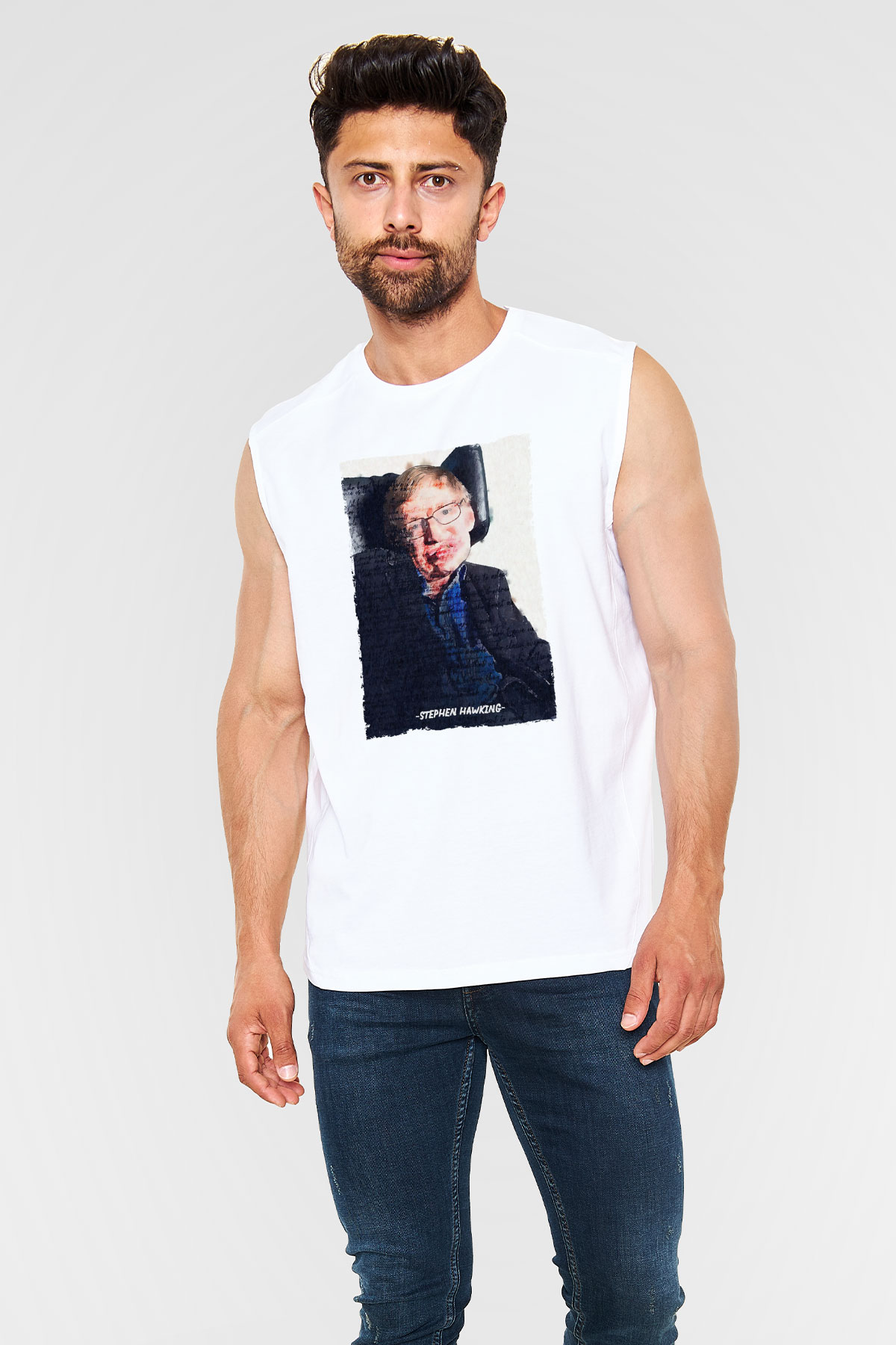 Stephen Hawking Yazılı Portre Baskılı Unisex Kolsuz Beyaz Tişört - Tshirt