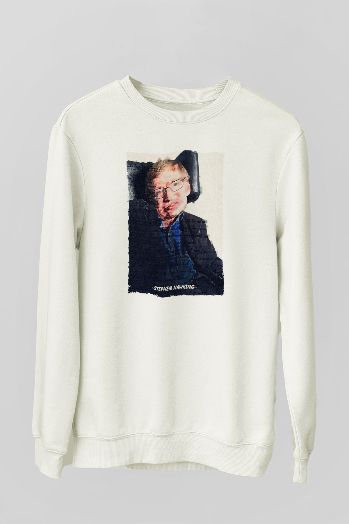 Stephen Hawking Yazılı Portre Baskılı Unisex Ekru Sweatshirt