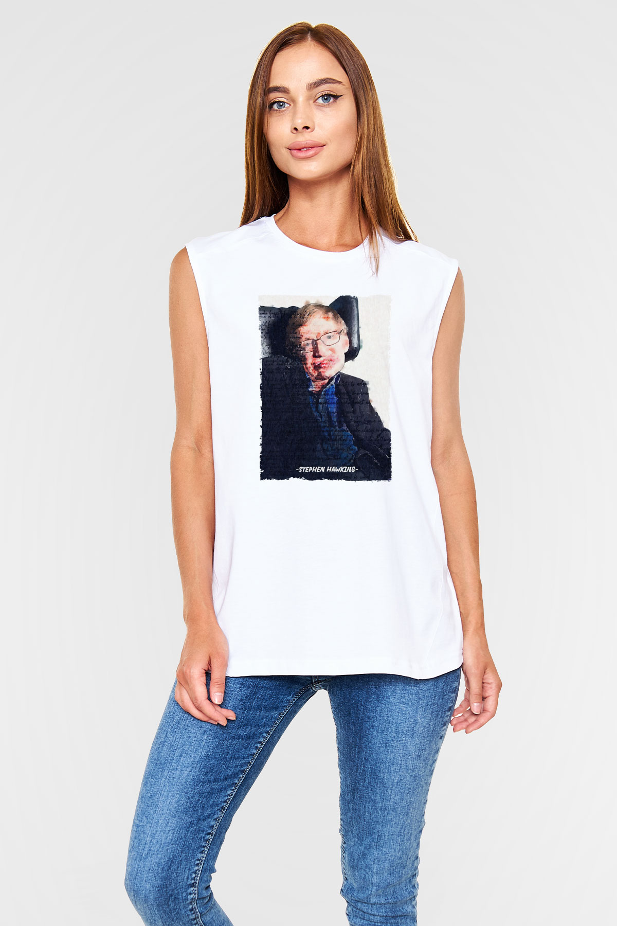 Stephen Hawking Yazılı Portre Baskılı Unisex Kolsuz Beyaz Tişört - Tshirt