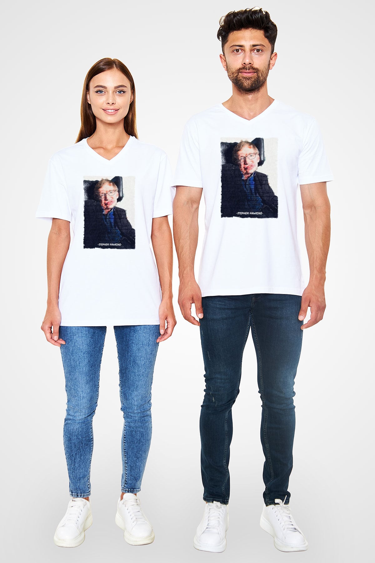 Stephen Hawking Yazılı Portre Baskılı Unisex V Yaka Beyaz Tişört - Tshirt