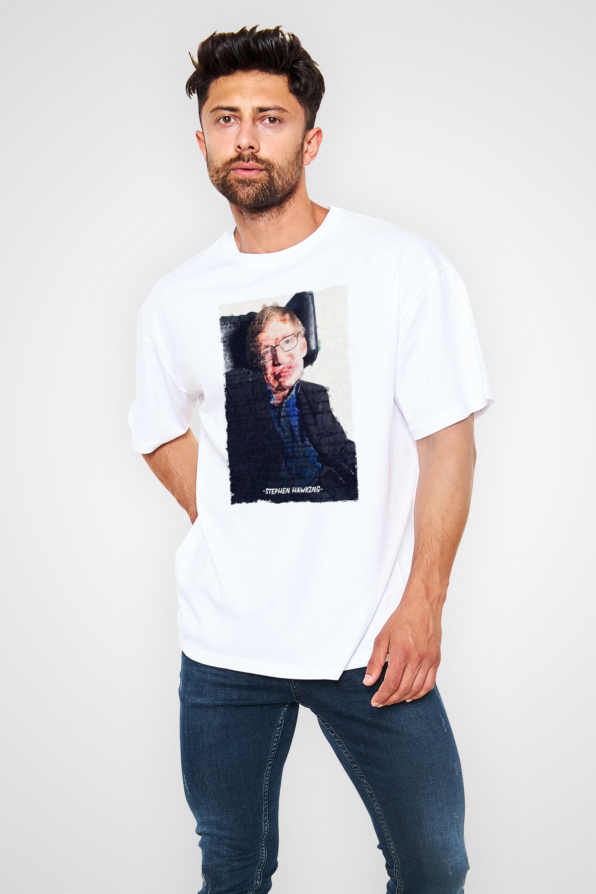 Stephen Hawking Yazılı Portre Baskılı Unisex Oversize Beyaz Tişört - Tshirt