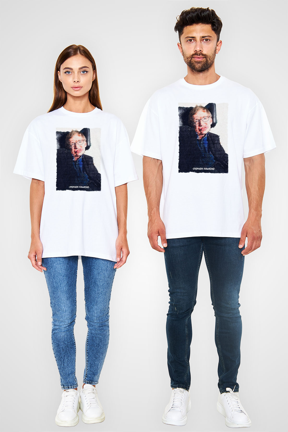 Stephen Hawking Yazılı Portre Baskılı Unisex Oversize Beyaz Tişört - Tshirt