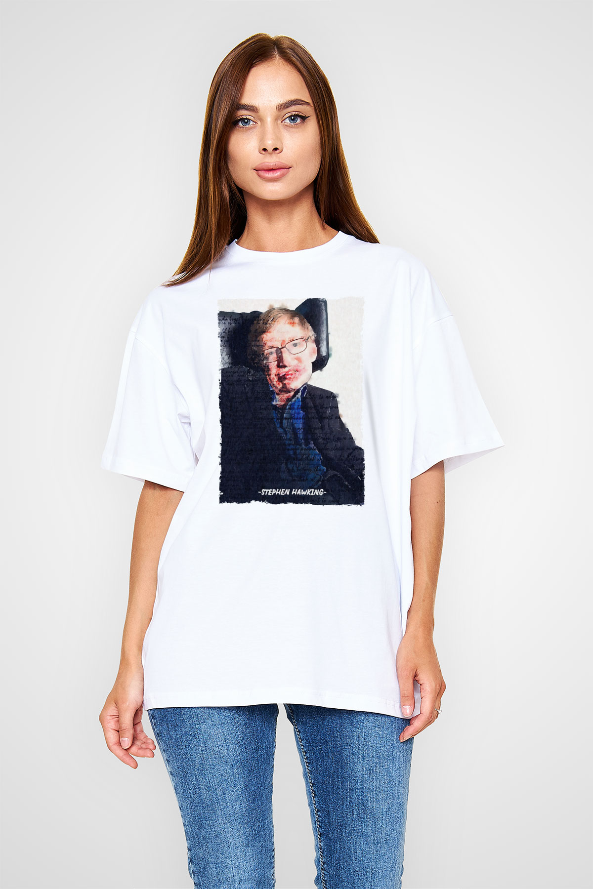 Stephen Hawking Yazılı Portre Baskılı Unisex Oversize Beyaz Tişört - Tshirt