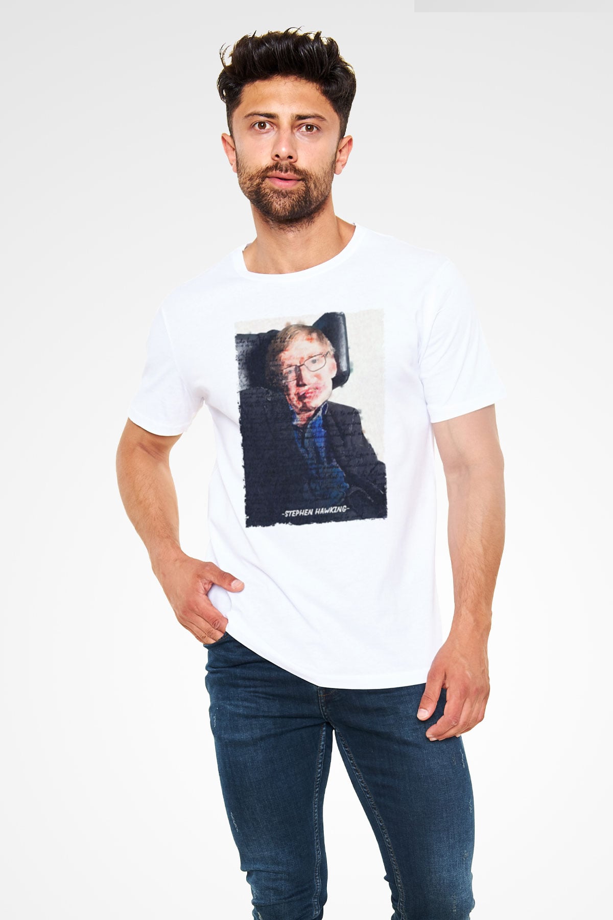 Stephen Hawking Yazılı Portre Baskılı Unisex Beyaz Tişört - Tshirt