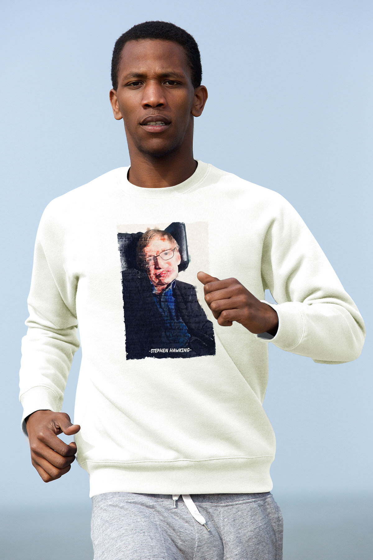 Stephen Hawking Yazılı Portre Baskılı Unisex Ekru Sweatshirt