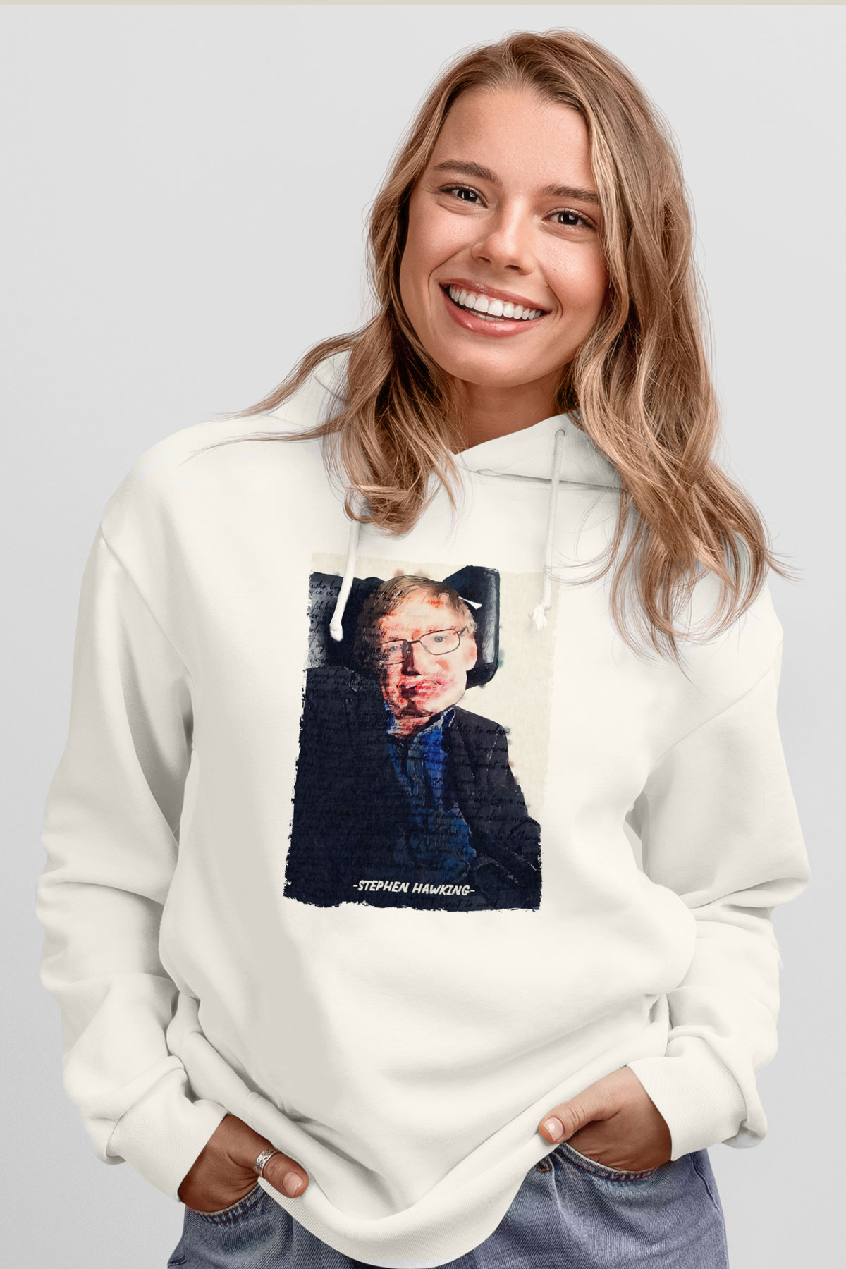 Stephen Hawking Yazılı Portre Baskılı Unisex Ekru Hoodie