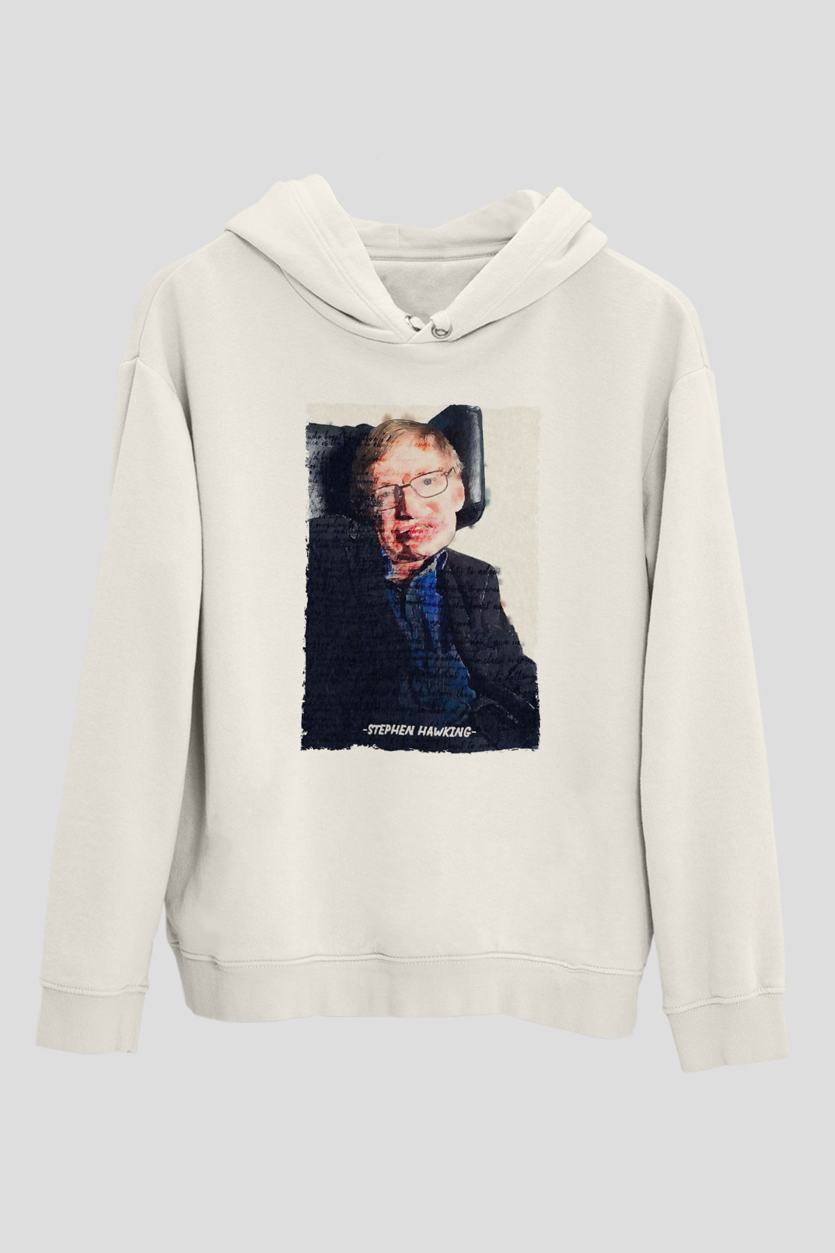 Stephen Hawking Yazılı Portre Baskılı Unisex Ekru Hoodie