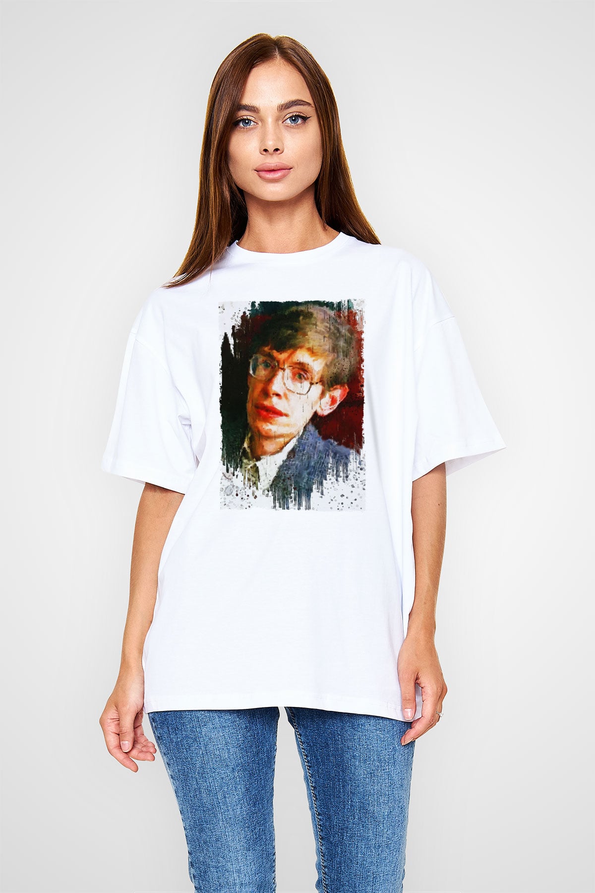 Stephen William Hawking Baskılı Unisex Oversize Beyaz Tişört - Tshirt