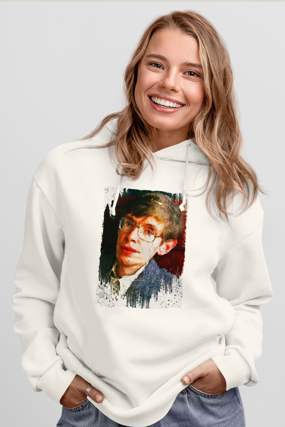 Stephen William Hawking Baskılı Unisex Ekru Hoodie