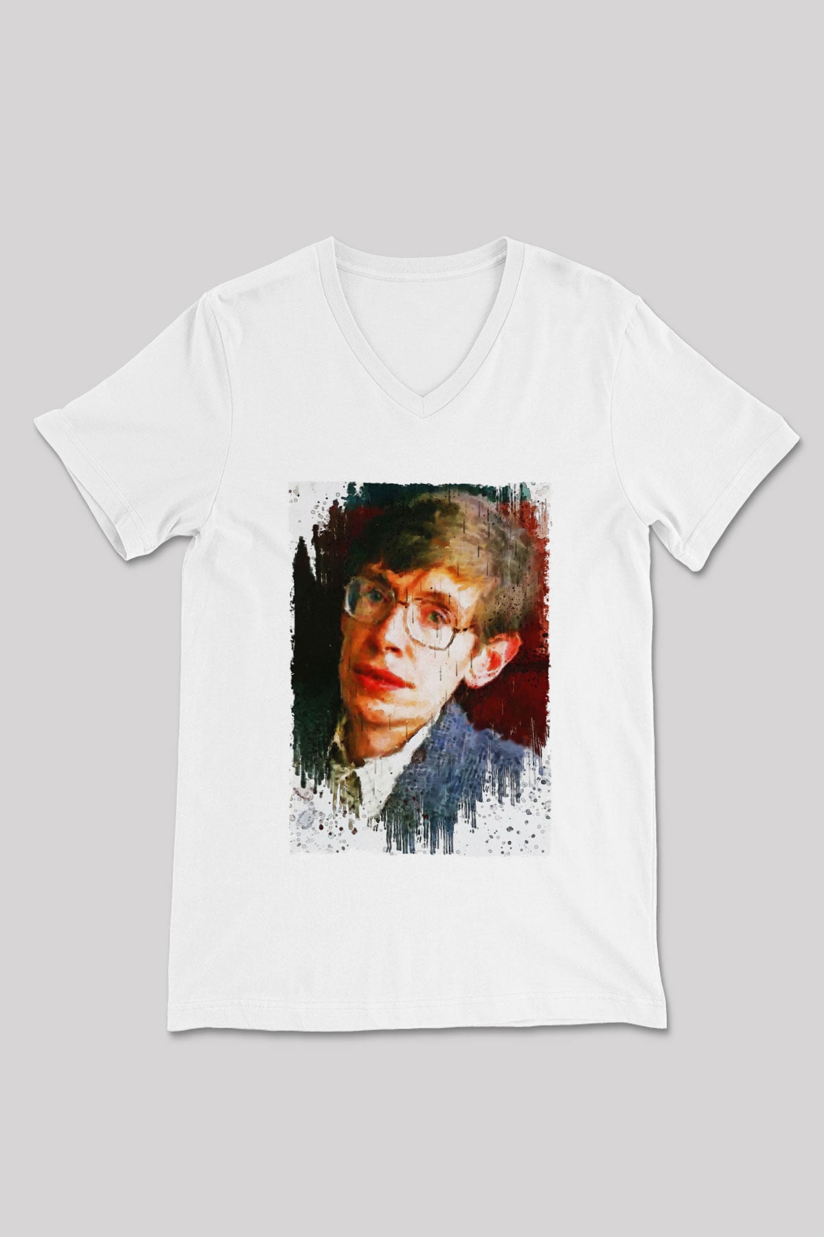 Stephen William Hawking Baskılı Unisex V Yaka Beyaz Tişört - Tshirt