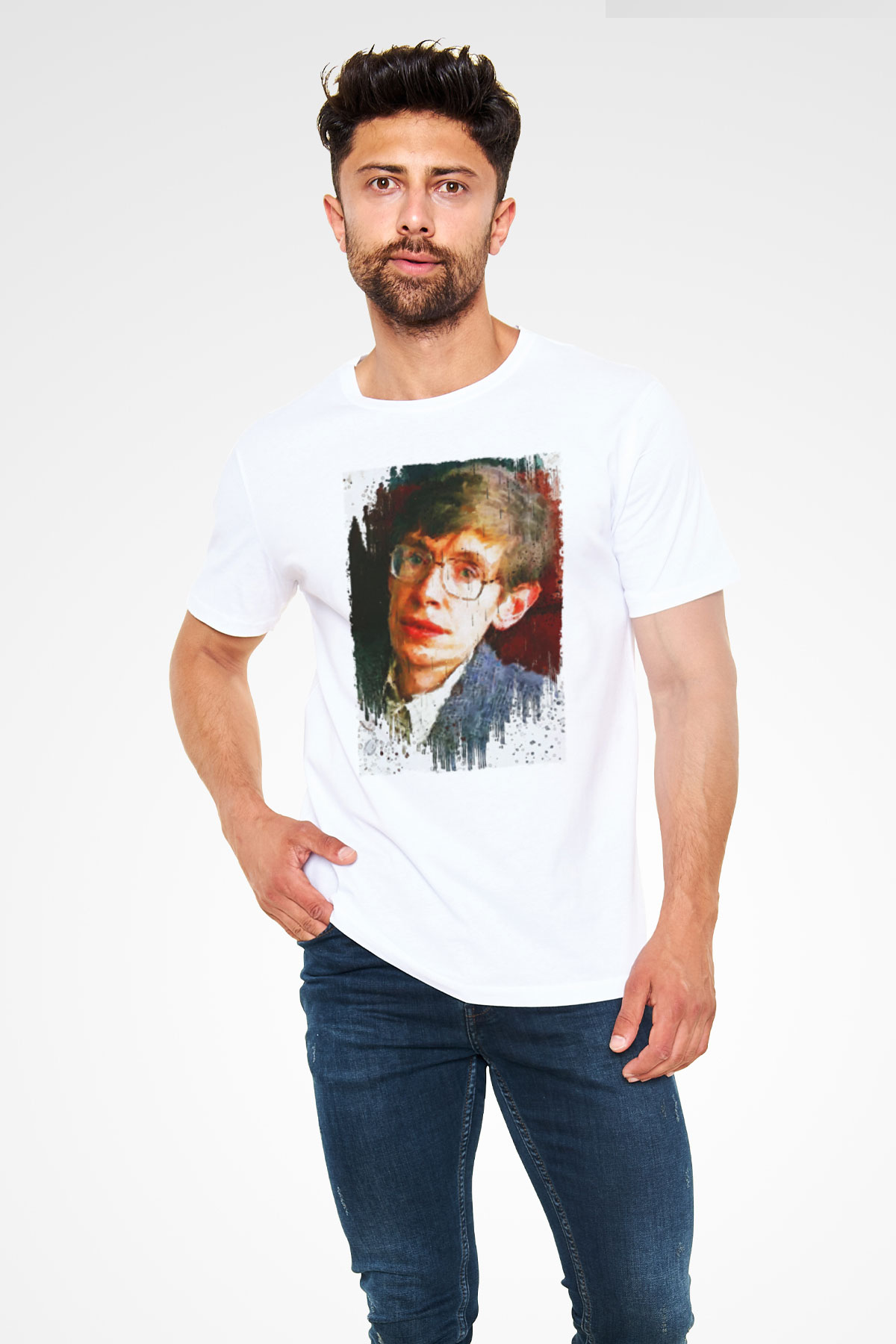 Stephen William Hawking Baskılı Unisex Beyaz Tişört - Tshirt