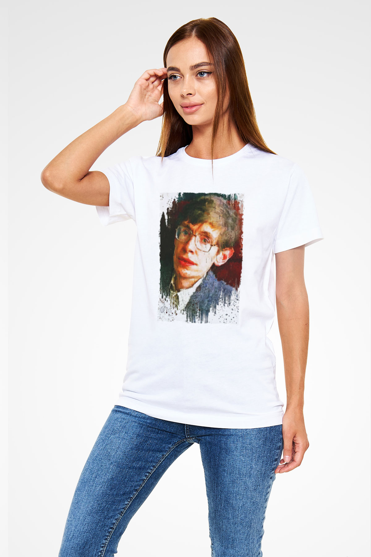 Stephen William Hawking Baskılı Unisex Beyaz Tişört - Tshirt