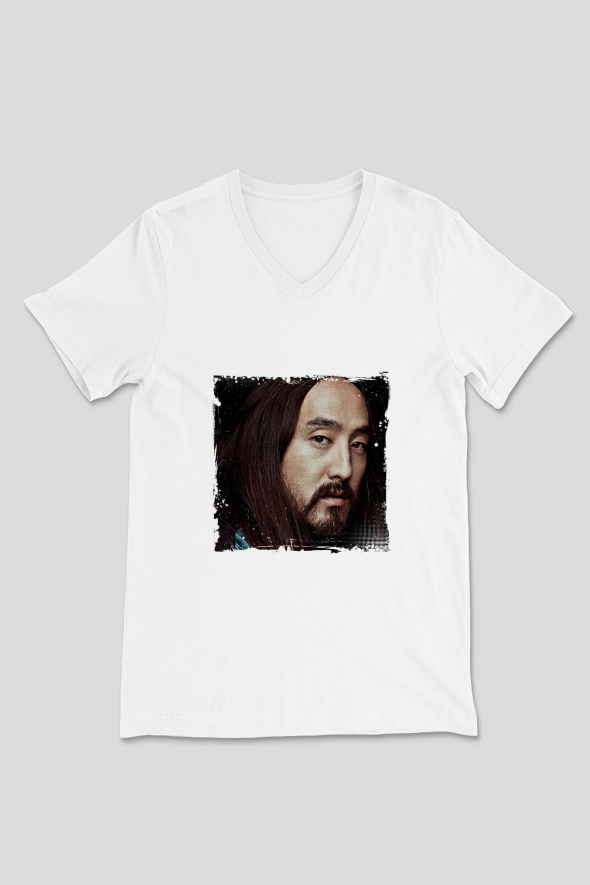 Steve Aoki Baskılı Beyaz V Yaka Unisex Tişört
