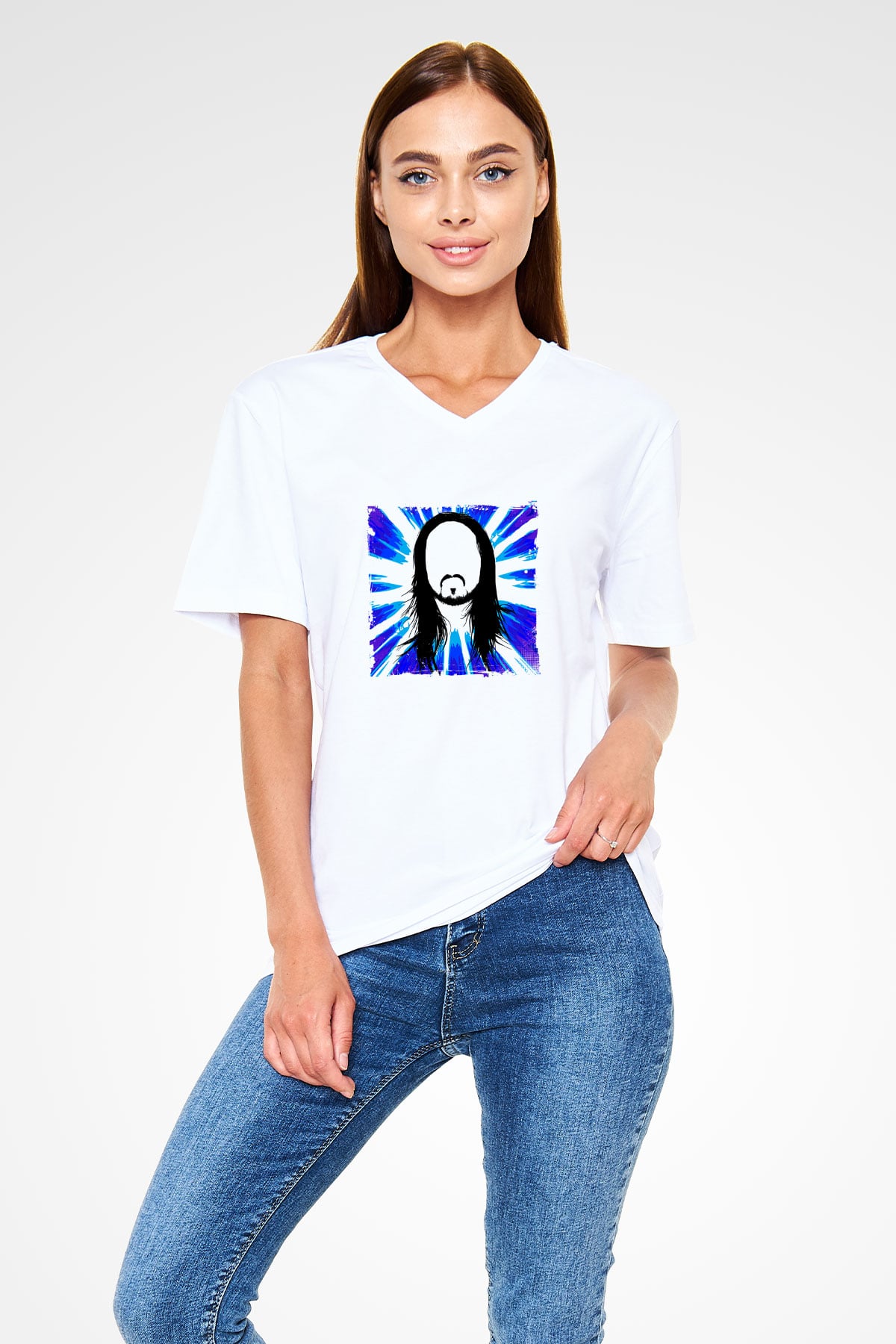 Steve Aoki Baskılı Beyaz V Yaka Unisex Tişört