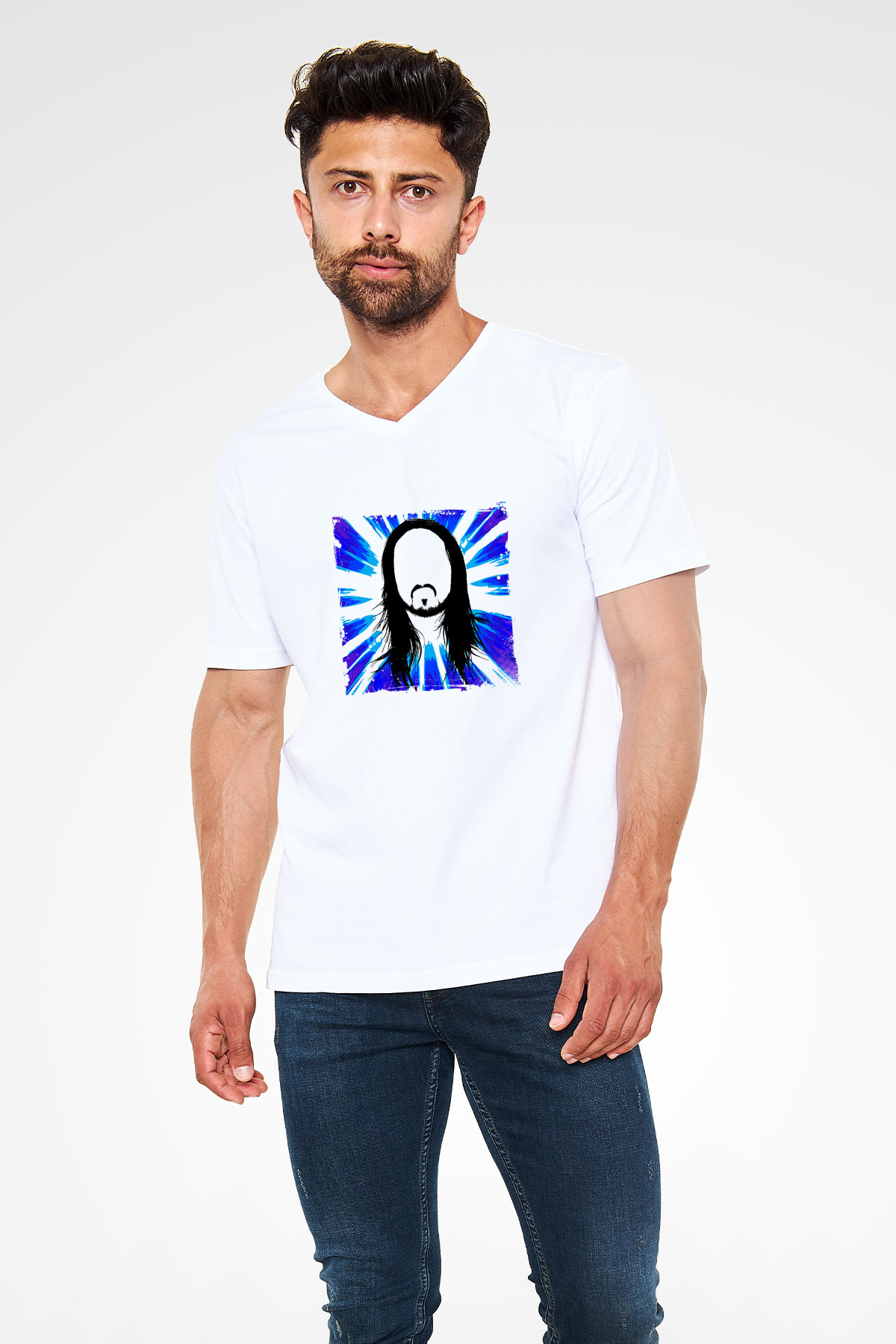 Steve Aoki Baskılı Beyaz V Yaka Unisex Tişört