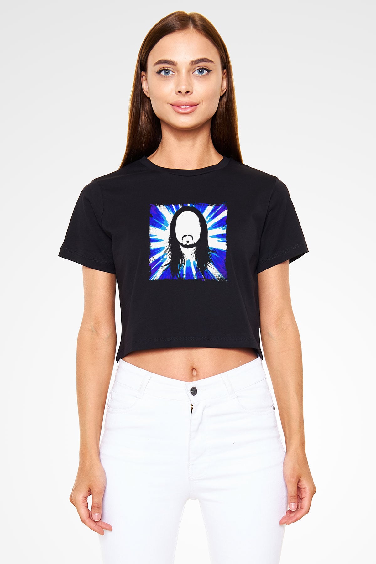 Steve Aoki Baskılı Crop Top Siyah Kadın Tişört