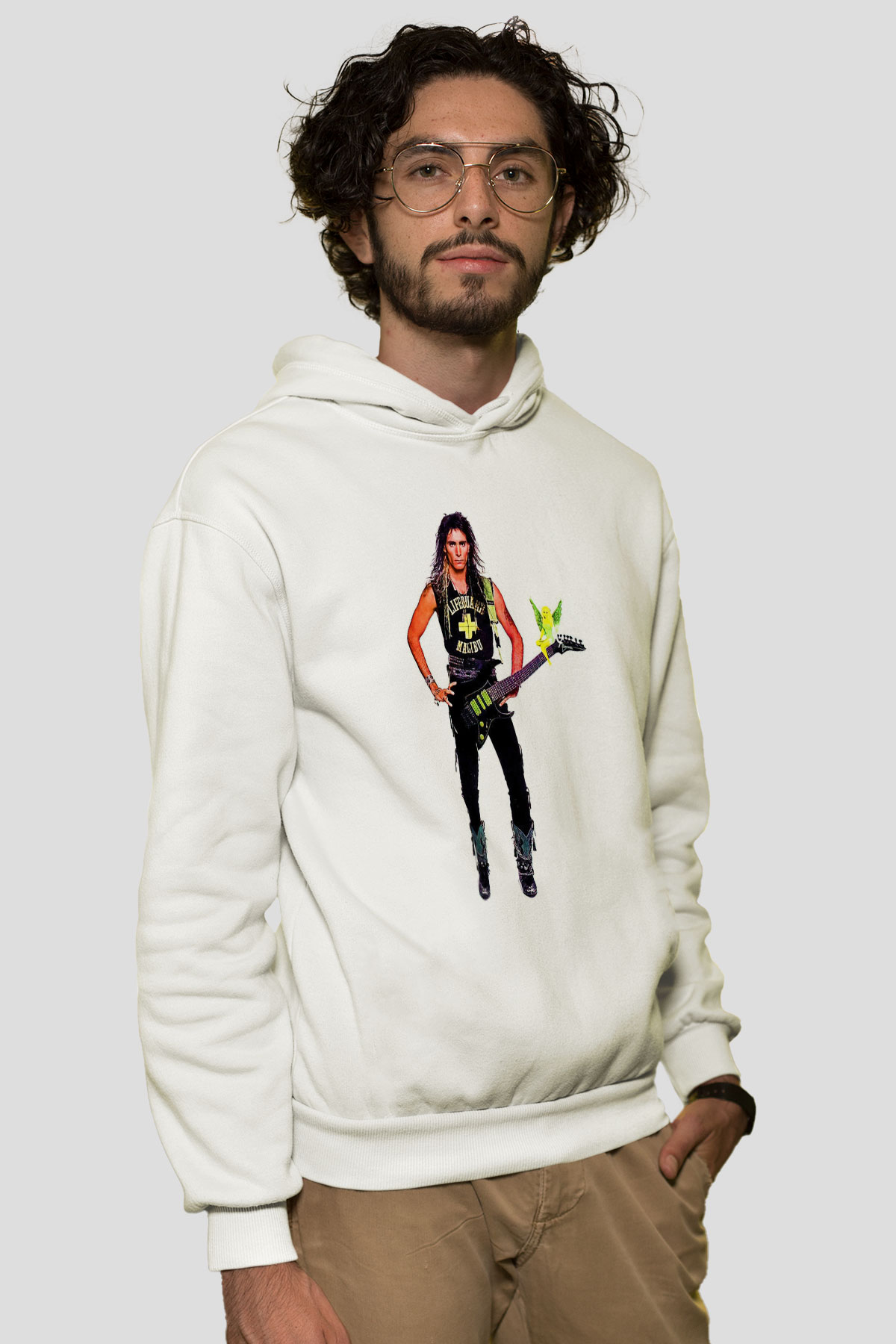 Steve Vai Baskılı Beyaz Unisex Kapüşonlu Sweatshirt