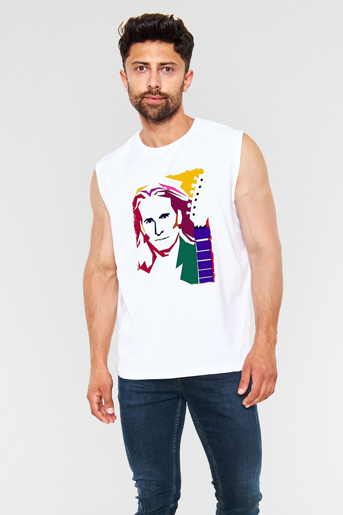 Steve Vai Baskılı Beyaz Unisex Kolsuz Tişört - Tshirt