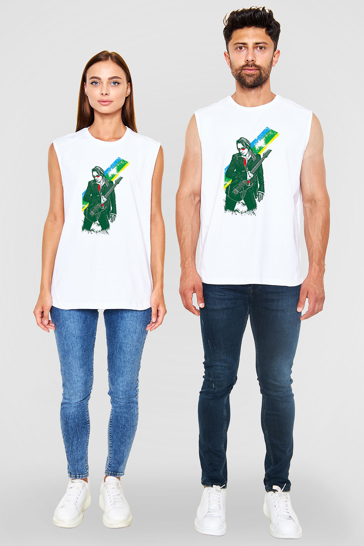 Steve Vai Baskılı Beyaz Unisex Kolsuz Tişört - Tshirt