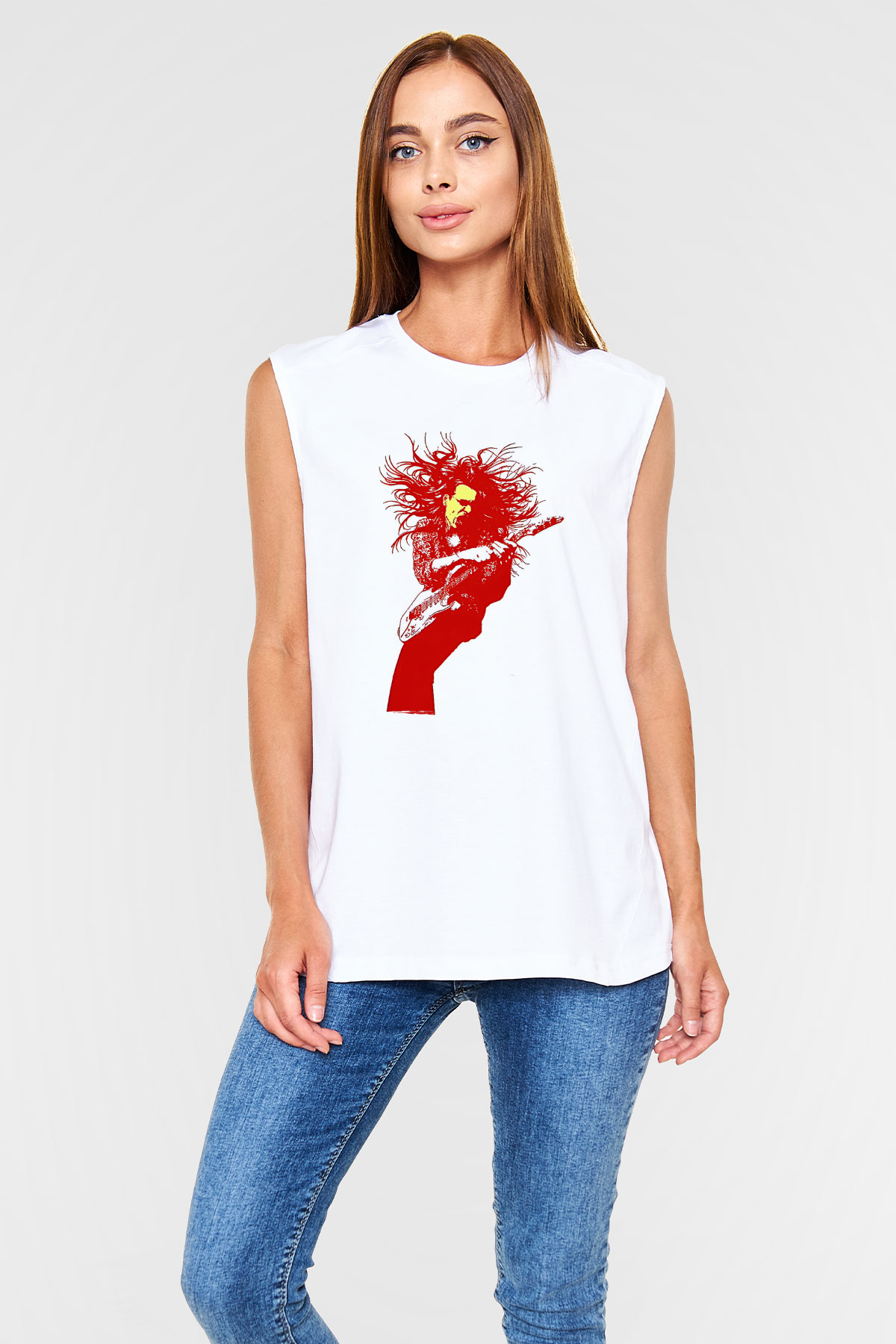 Steve Vai Baskılı Beyaz Unisex Kolsuz Tişört - Tshirt