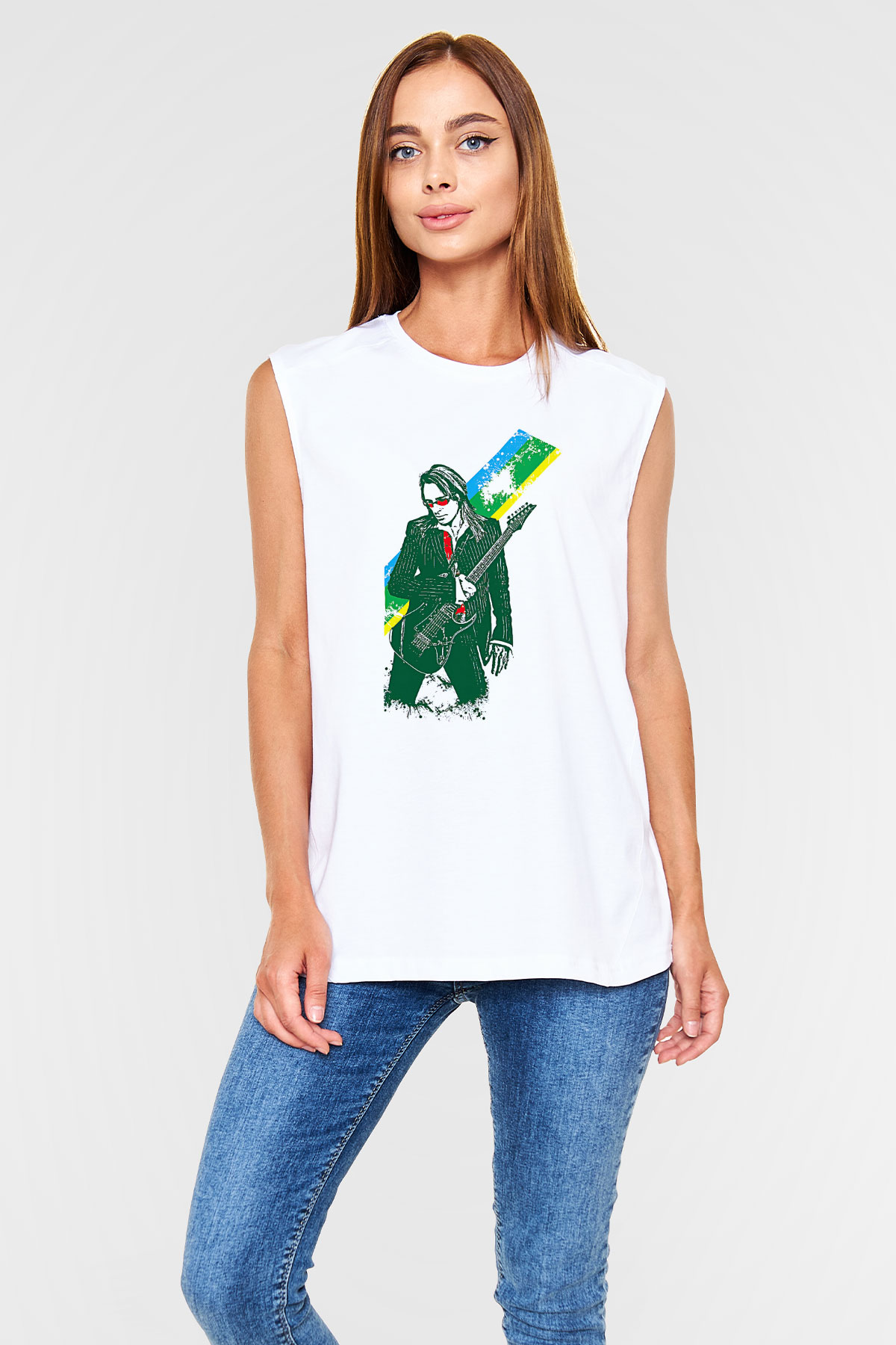 Steve Vai Baskılı Beyaz Unisex Kolsuz Tişört - Tshirt