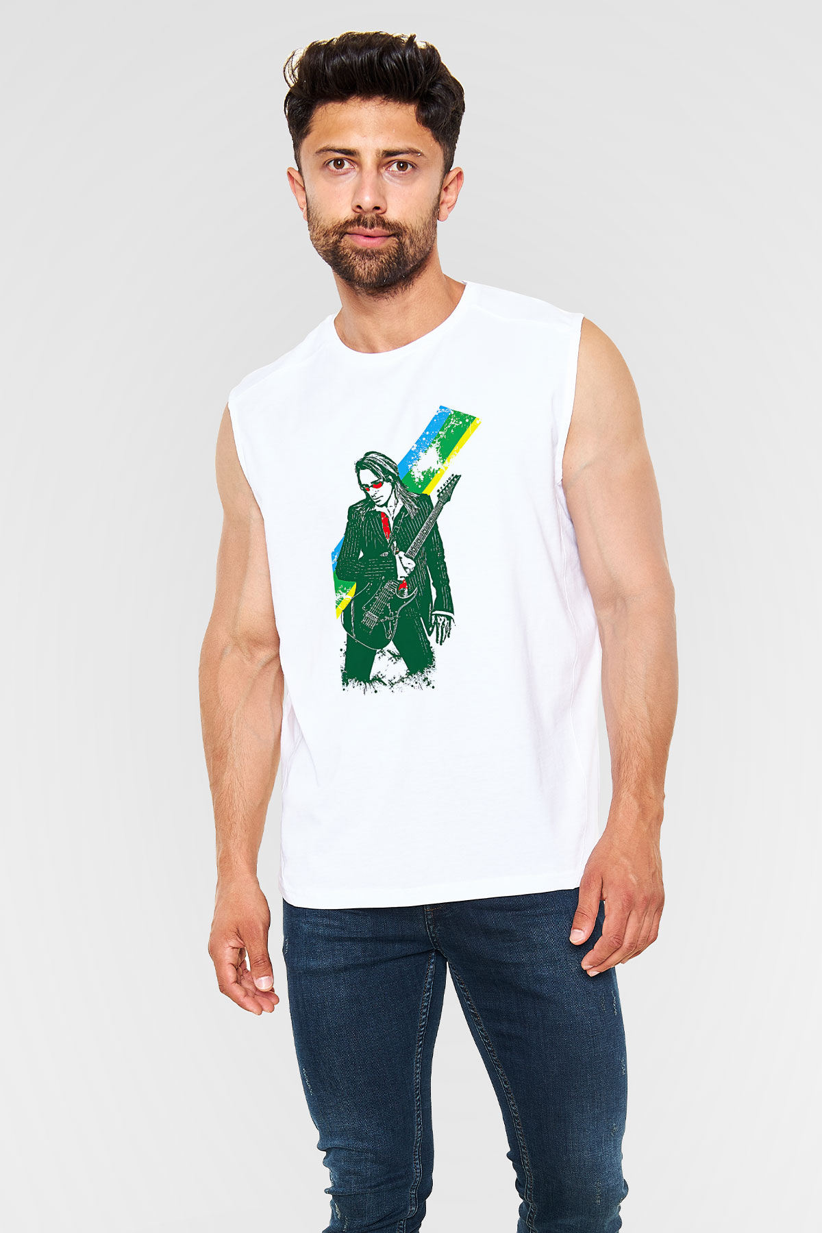 Steve Vai Baskılı Beyaz Unisex Kolsuz Tişört - Tshirt