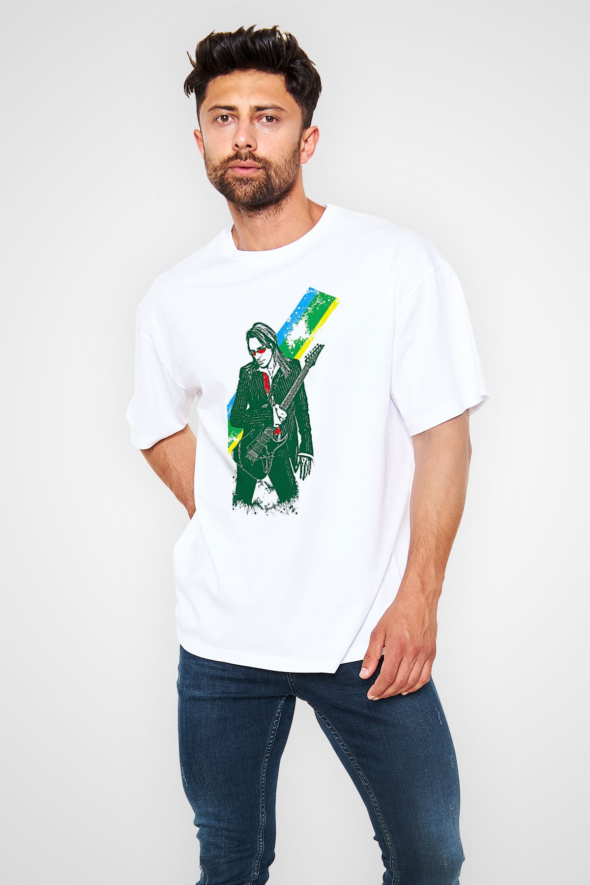 Steve Vai Baskılı Beyaz Unisex Oversize Tişört - Tshirt