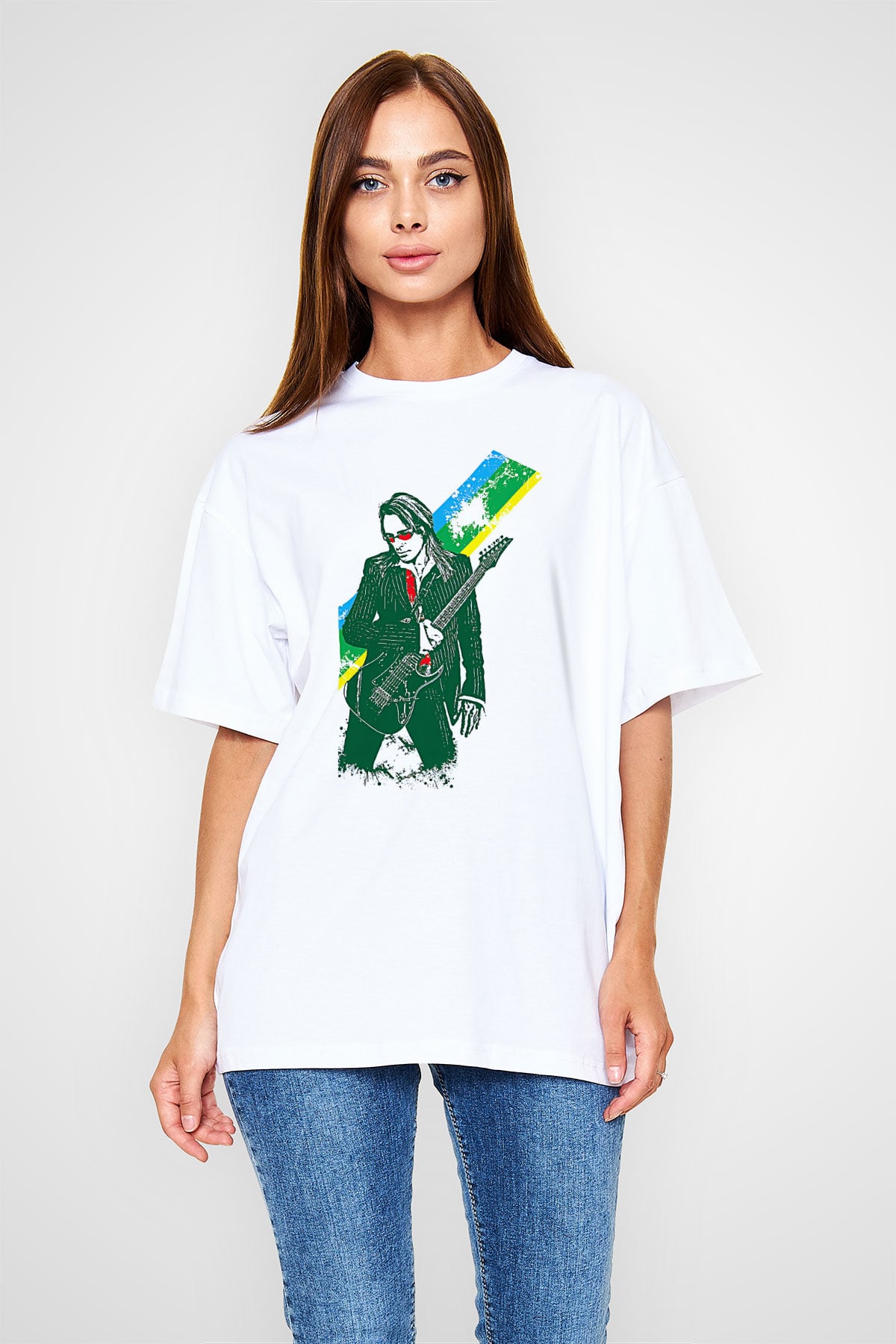 Steve Vai Baskılı Beyaz Unisex Oversize Tişört - Tshirt
