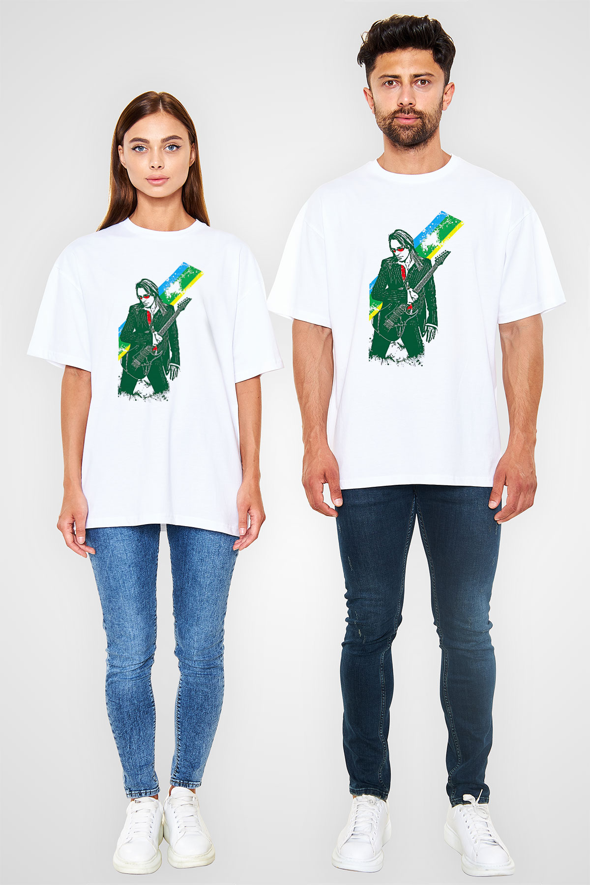 Steve Vai Baskılı Beyaz Unisex Oversize Tişört - Tshirt